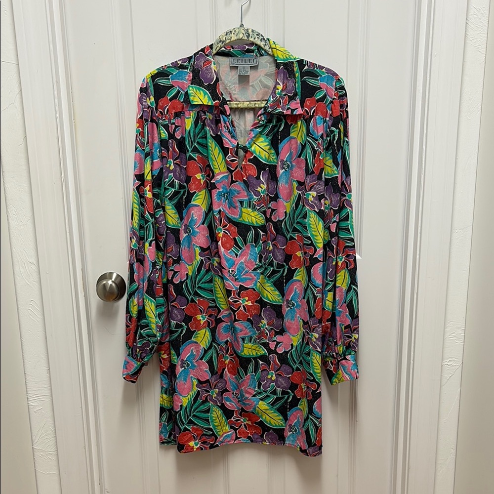 Vintage Colorful Floral Print Collared Button Up‎ Washable Silk Dress - Medium